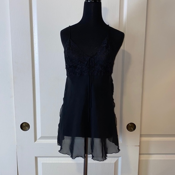 VTG FREDERICKS OF HOLLYWOOD BLACK SHEER LINGERIE CHEMISE SLIP DRESS - Picture 1 of 7